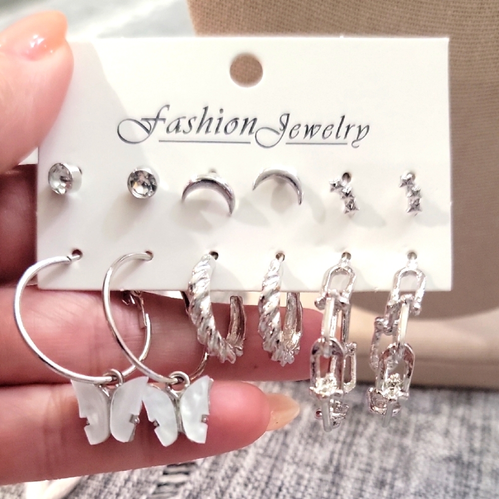 Cottagecore Silver Stud/Hoop/butterfly Earring Set